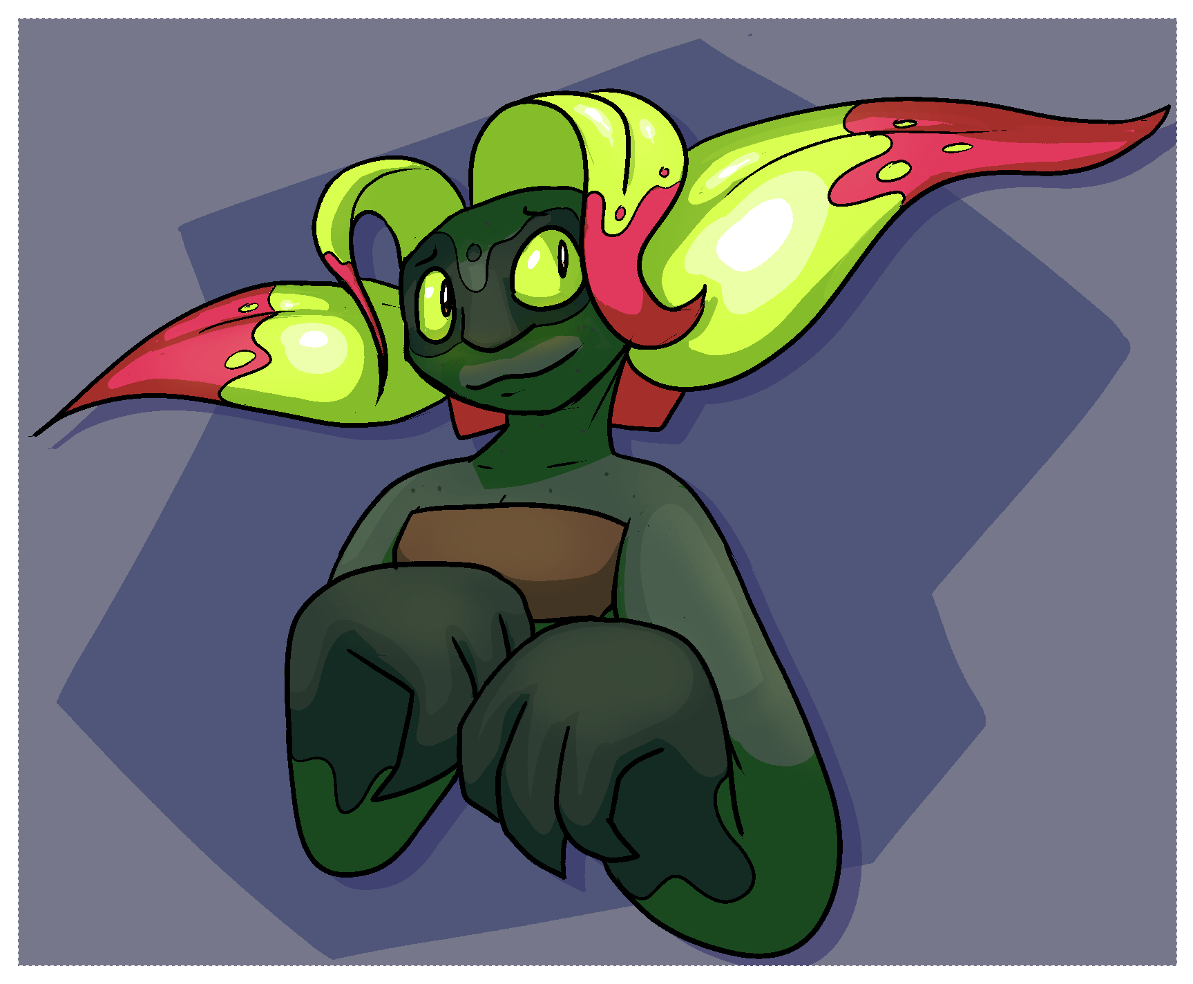 Pitch from the waist up, looking at the camera with a :3 face